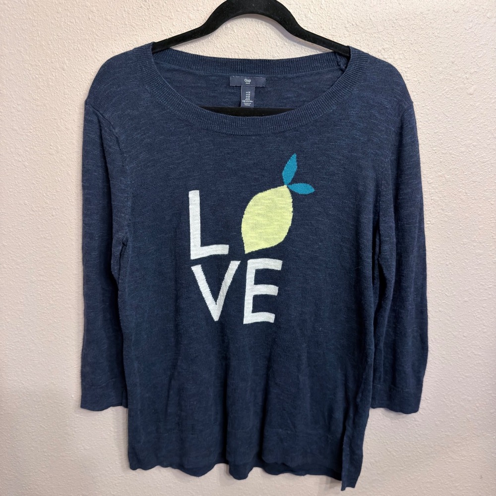 Gap Womens Love Lemon Graphic Sweater Navy Blue 3/4 Sleeve Pullover M 563490-01